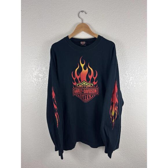 Vintage Harley-Davidson long sleeve t-shirt featuring a bold flame logo graphic